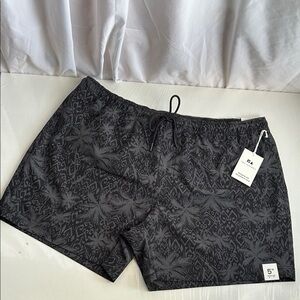 Free Assembly Men's Black Tropical-Print Swimming Trunks Shorts with Drawcord